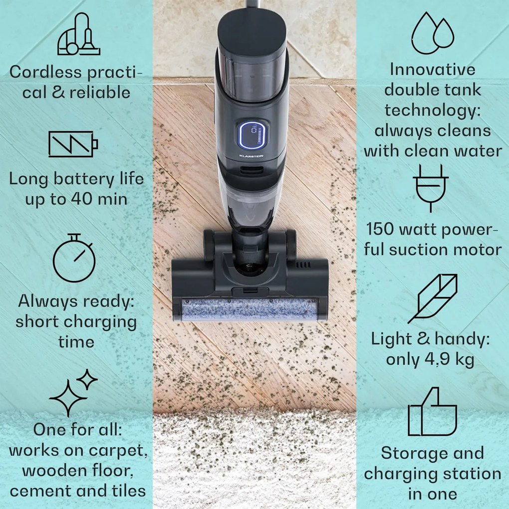 Klarstein Caswell Plus, bezdrôtový, akumulátorový, LED displej, na mokré a suché vysávanie