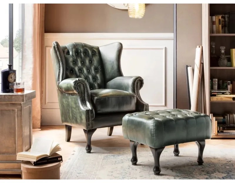 furniture-nabytek.cz - Masívne kreslo ušák Chesterfield Pittsfield z pravej kože, zelené