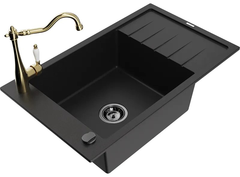 Mexen Elias, granitový drez 795x480x200 mm, 1-komorový a drezová batéria Carla, čierna, 6511-77-670700-50-B