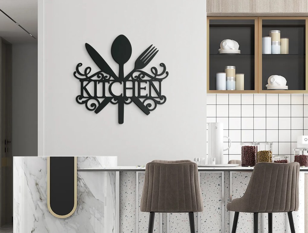 drevko Drevený nápis Kitchen s príborom a zdobením Rozmer obrazu: 32,5 x 34,5 cm, Farba dekorácie: Čierna
