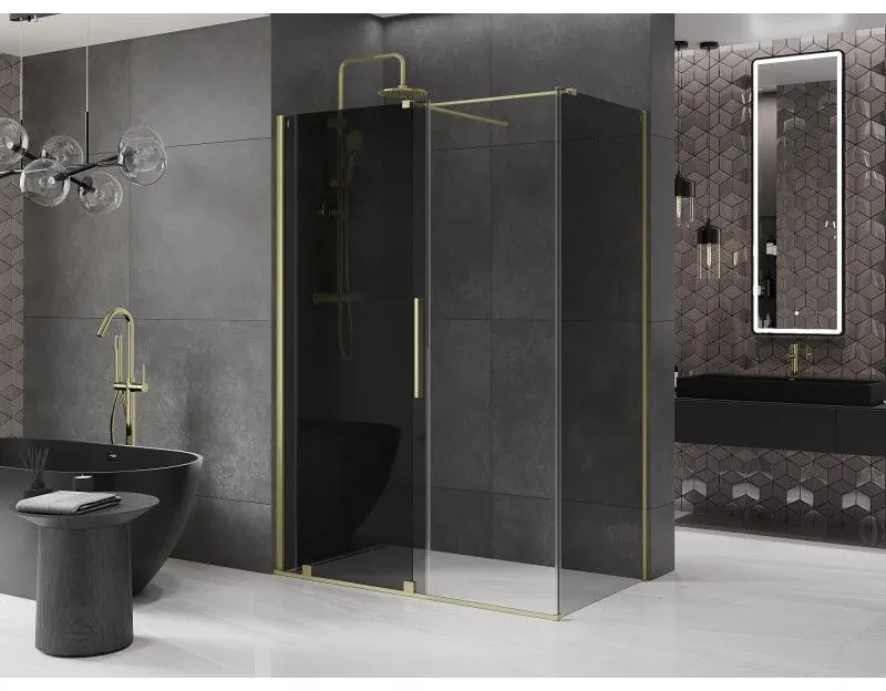 Mexen Velar, sprchový kút s posuvnými dverami 160 x 90 cm, 8mm šedé sklo, zlatá matná, 871-160-090-41-55