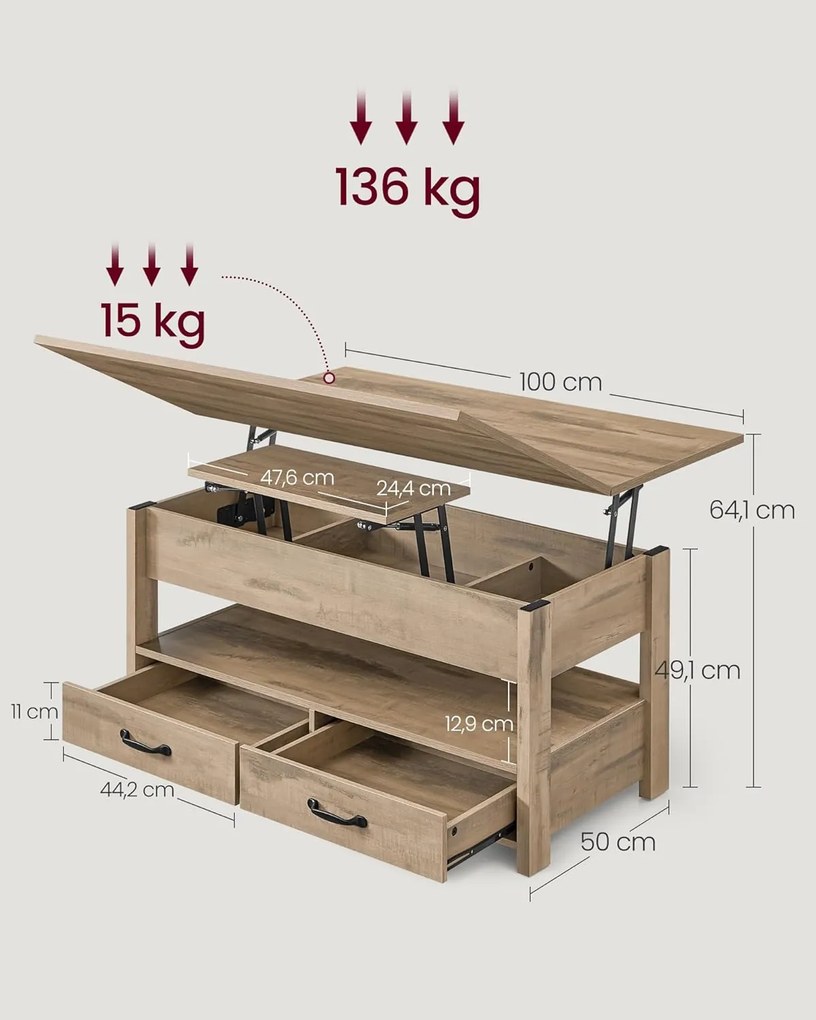 Výškovo nastaviteľný konferenčný stolík Vasagle Kryo 100 cm camel hnedý