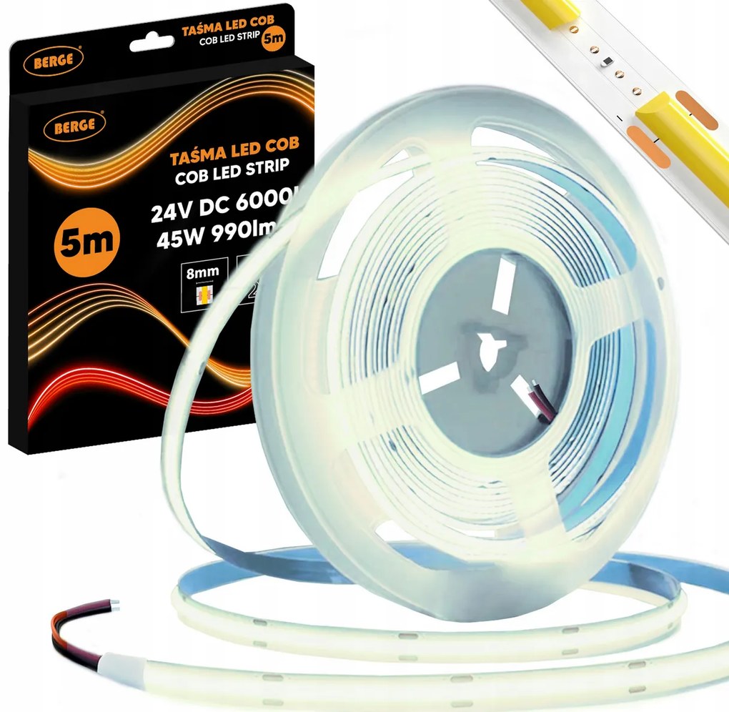 BERGE LED pásik COB Neon 24V - 480D - 9W/m - IP20 - 990lm - 5m - studená farba