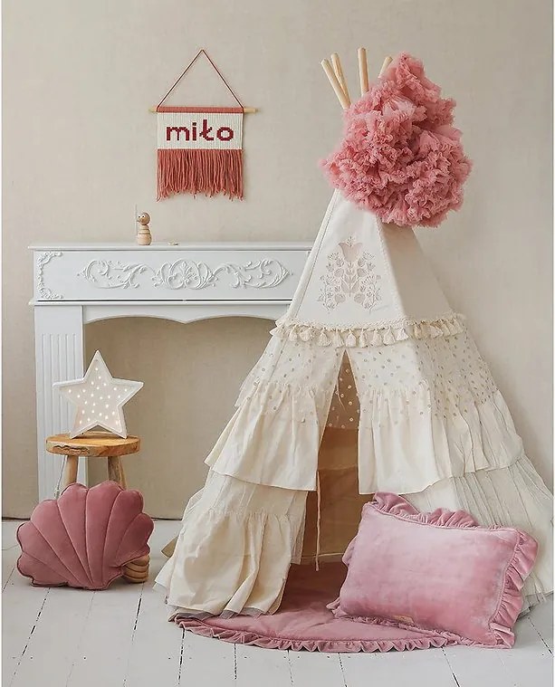 Boho stan teepee s volánikmi a výšivkou béžový