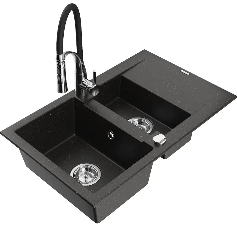 Mexen Gaspar, 1,5-komorový granitový drez 737x475x177 mm a drezová batéria Aster, čierna-zlatá metalíza, 6507-75-73450-07