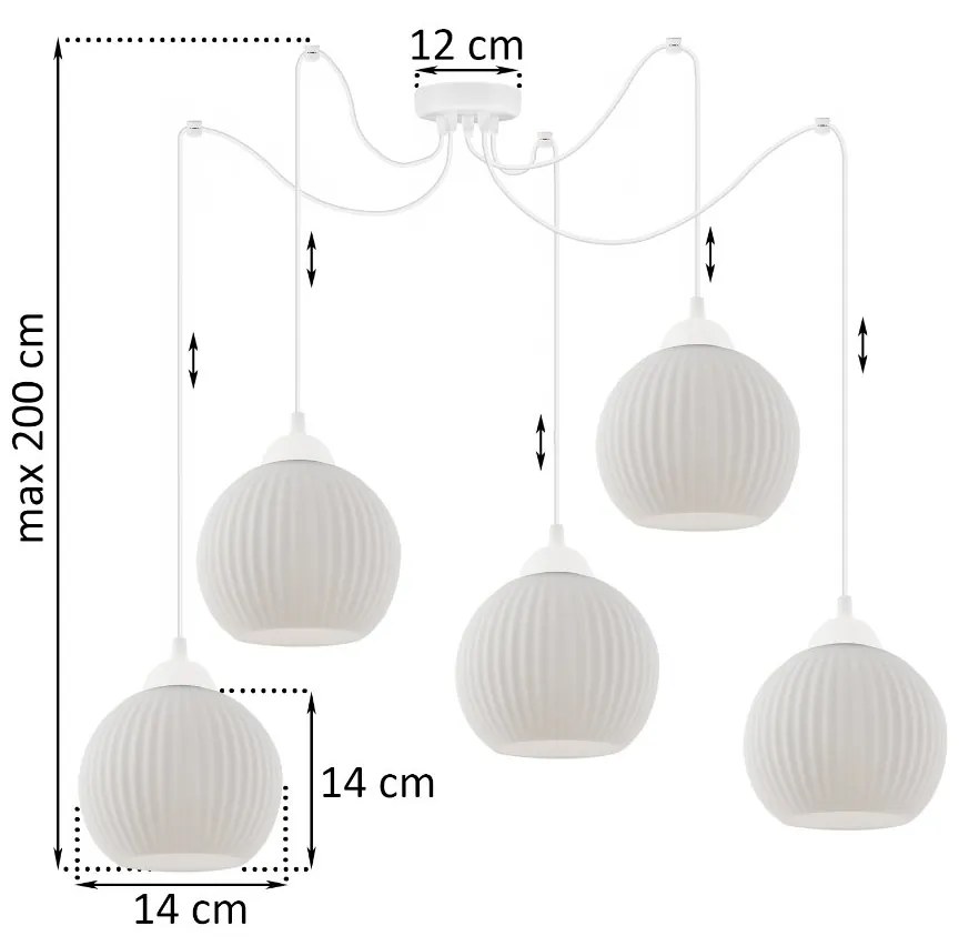 Závesné svietidlo Riffle Round Spider, 5x biele sklenené tienidlo, w