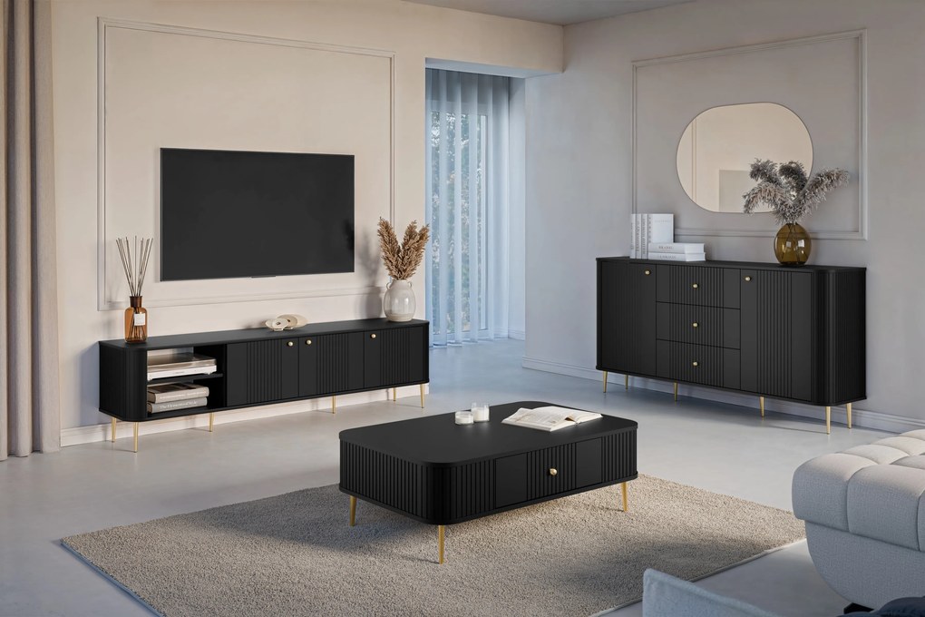 TV stolík Vespera 3D 187 cm - čierna / zlaté nožičky