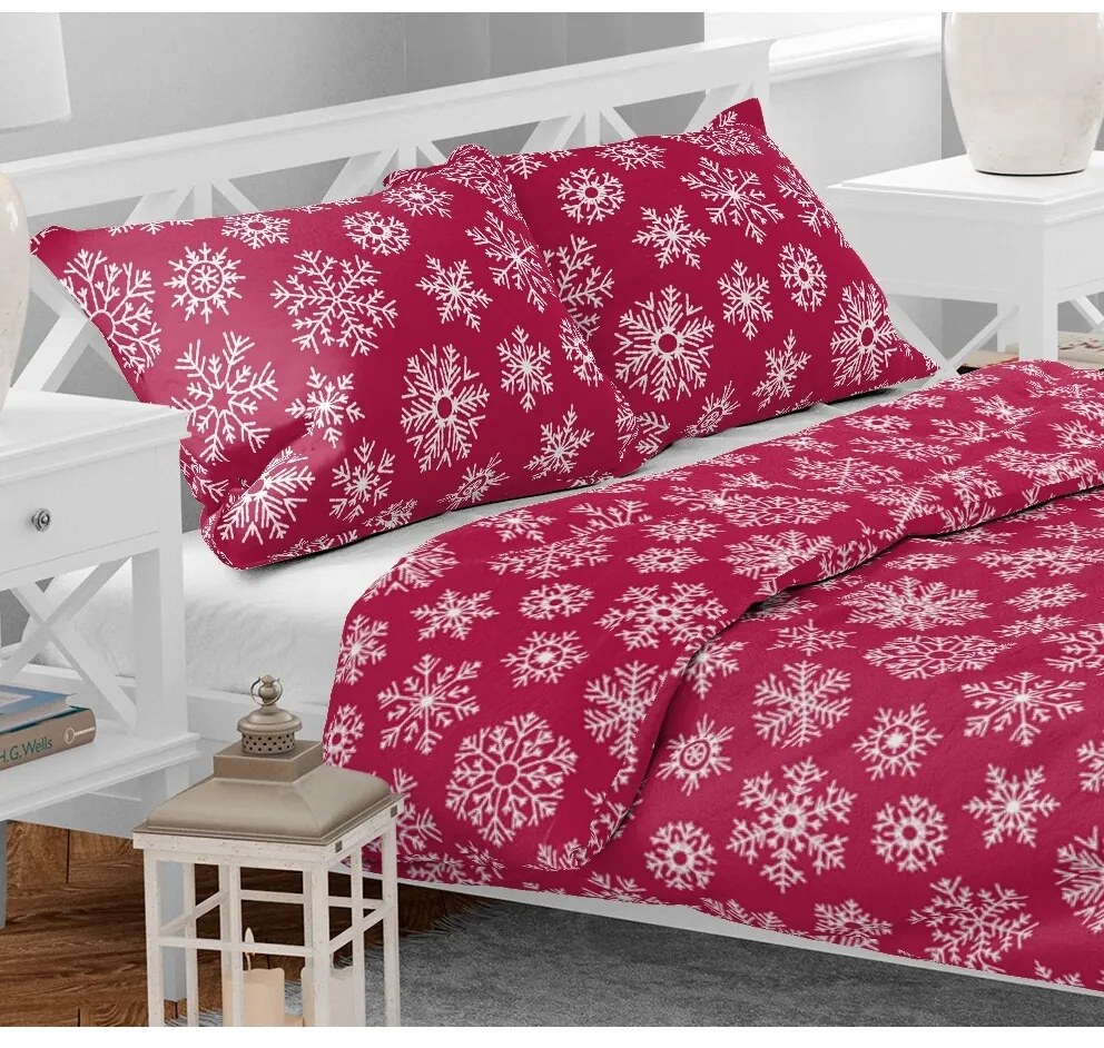 Vianočné bavlnené obliečky Vločky červené , 140 x 200 cm, 70 x 90 cm