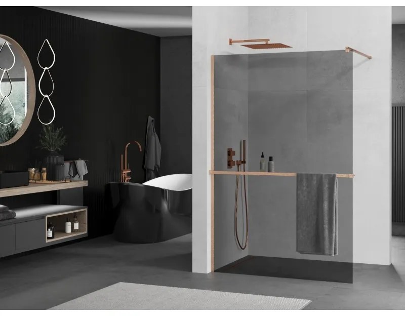 Mexen Kioto+, sprchová zástena Walk-In s poličkou a vešiakom 100 x 200 cm, 8mm šedé sklo, medený matný profil, 800-100-121-65-40