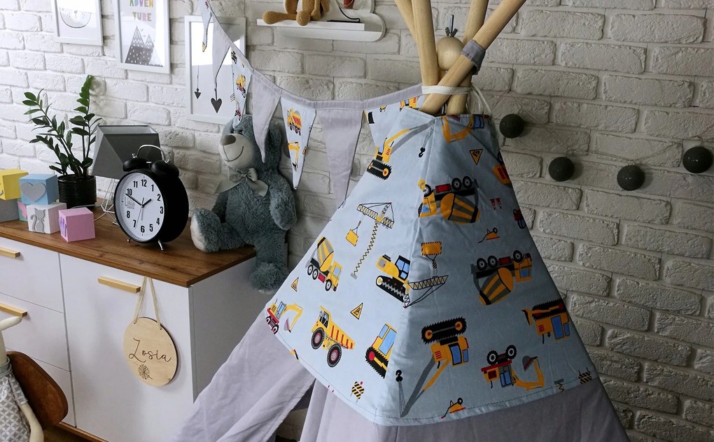 Detský stan TEEPEE (TÍPÍ) STAVEBNÁ TECHNIKA s doplnkami - sivý / biely