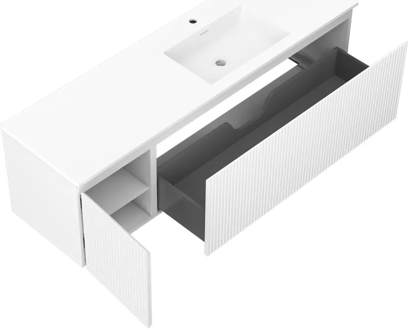 Mexen Rivel, kúpeľňová skrinka 160 cm s pravým umývadlom Otis, 1S, 1D, drážkovaná, biela matná, 91A23-16047-3-BBFF01-W18P01