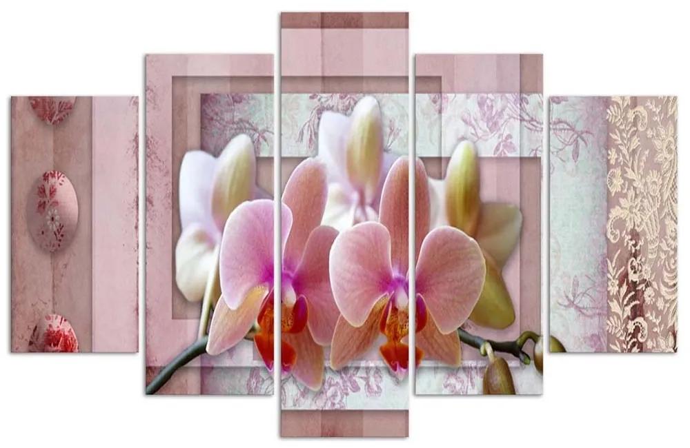 Obraz na plátně pětidílný Růžové květiny orchidejí - 200x100 cm