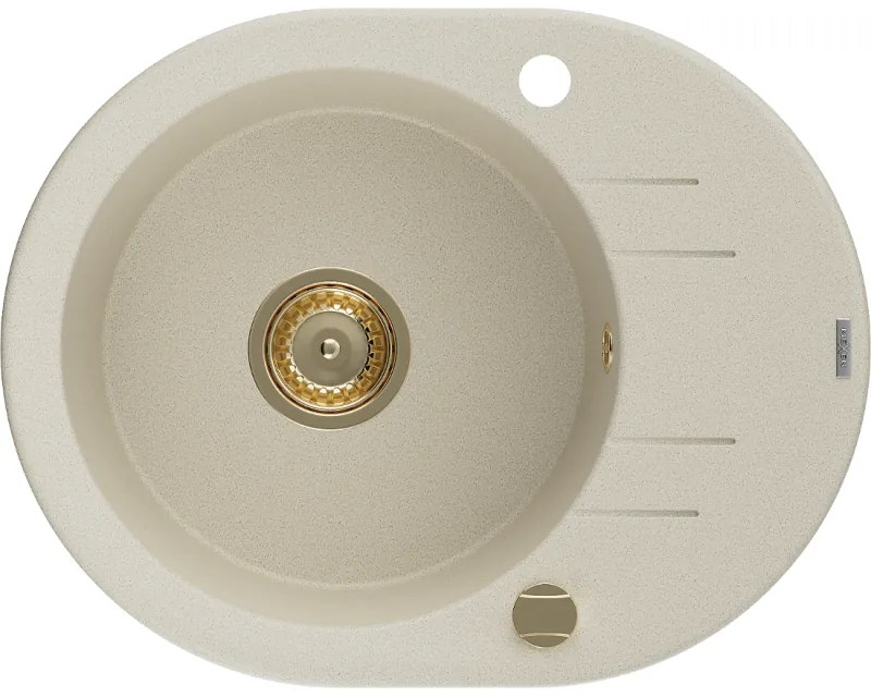 Mexen Kevin, granitový drez 586x458x190 mm, 1-komorový, béžová so zlatým sifónom, 6517581005-69-G