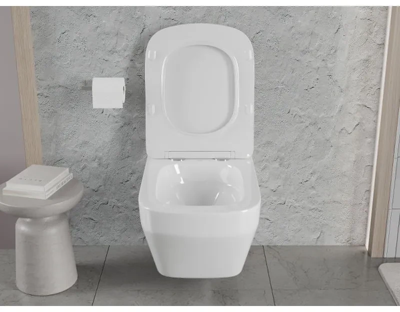 Mexen Riva, závesná WC misa 555x370x335 mm, Rimless Tornádo + WC sedadlo z duroplastu, biela lesklá, 30630200T