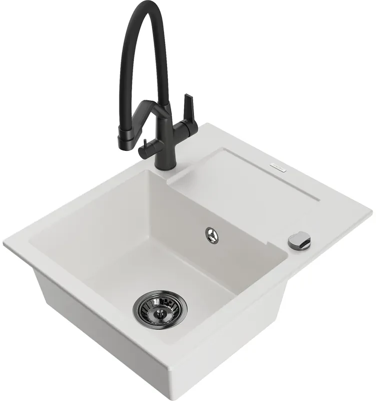 Mexen Enzo, granitový drez 576x465x174 mm, 1-komorový a drezová batéria Duo, biela, 6506-20-671701-70-B