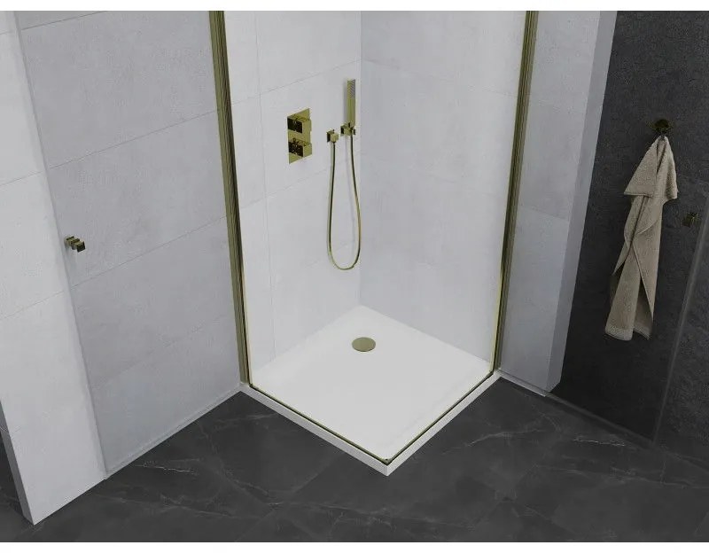 Mexen Pretoria Duo, sprchovací kút s 2-krídlovými dverami 70 (dvere) x 70 (dvere) cm, 6mm číre sklo, zlatý profil + slim sprchová vanička 5cm biela so zlatým sifónom, 852-070-070-50-02-4010G