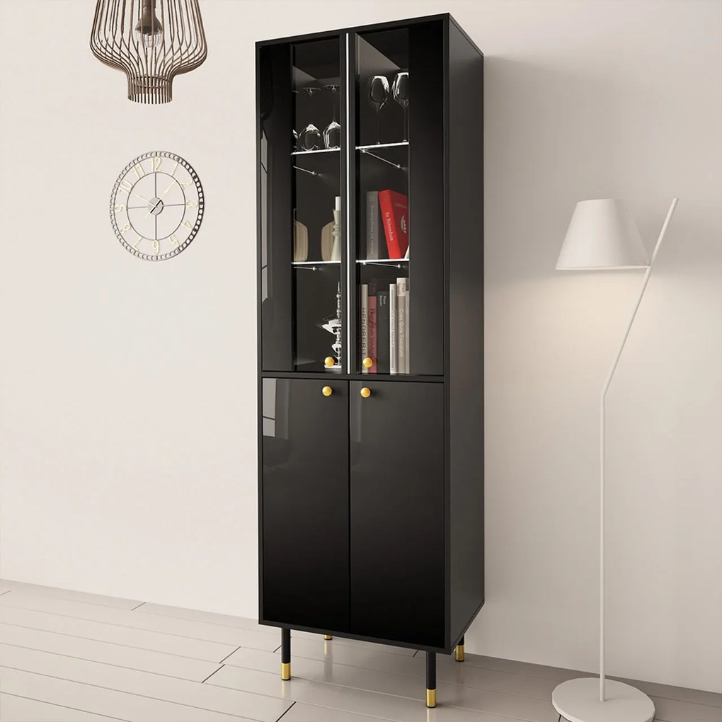 Moderná vitrína Kuba, čierna / čierny lesk + LED