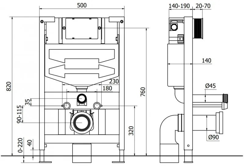 Mexen Fenix Air XS-F, znížený podomietkový modul s pneumatickým splachovaním spredu pre závesné WC h82 w50 cm, 6A800
