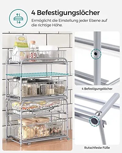 Organizér do kuchyne, 2 výsuvné košíky, stohovateľný, strieborný, 31,5x21x36,5cm