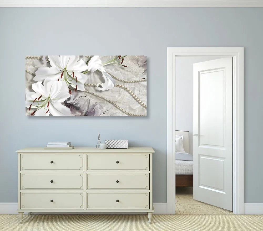 Obraz biela ľalia s perlami Varianta: 100x50