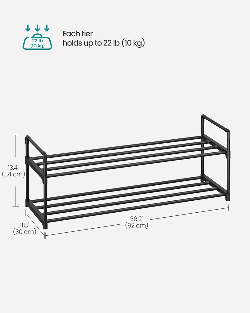 2-poschodový stojan na topánky, kovová polica na uloženie, pre 8–10 párov topánok, 30 x 92 x 34 cm, čierna