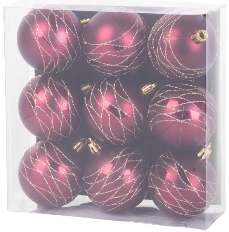 Gule MagicHome Vianoce, 9 ks, bordové, matné, s dekoráciou, na vianočný stromček, 6 cm