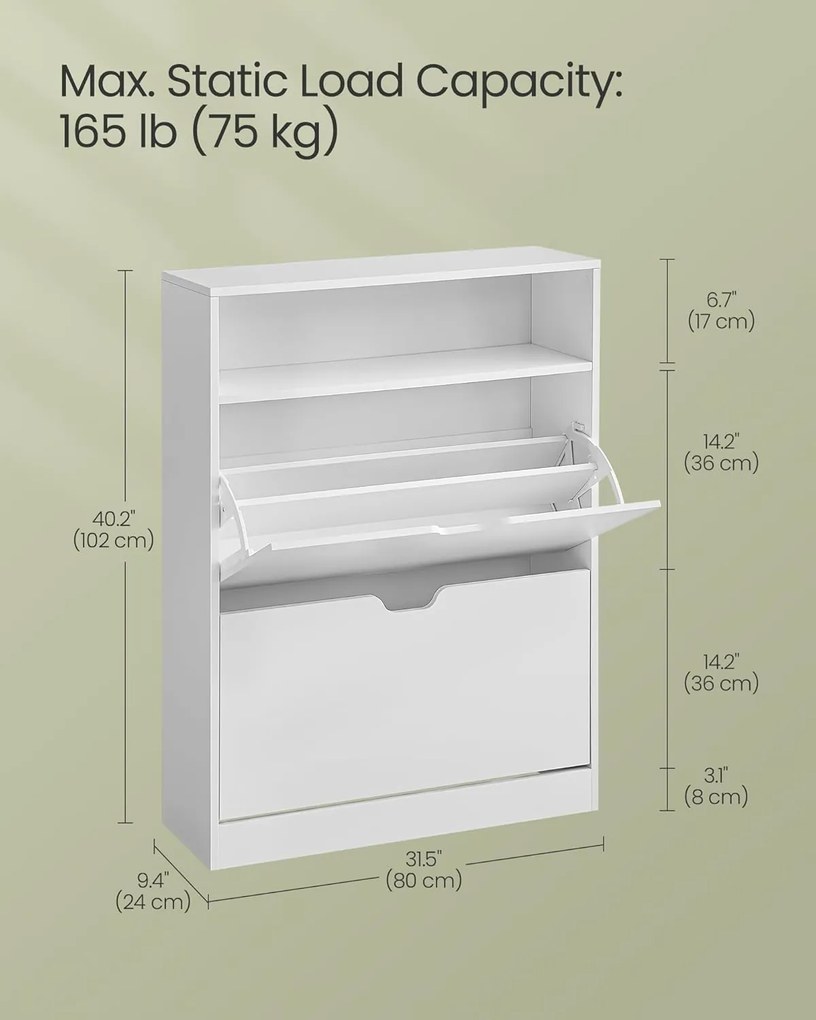 Botník s 2 výklopnými dvierkami, 3-úrovňový, 24 x 80 x 102 cm, biely