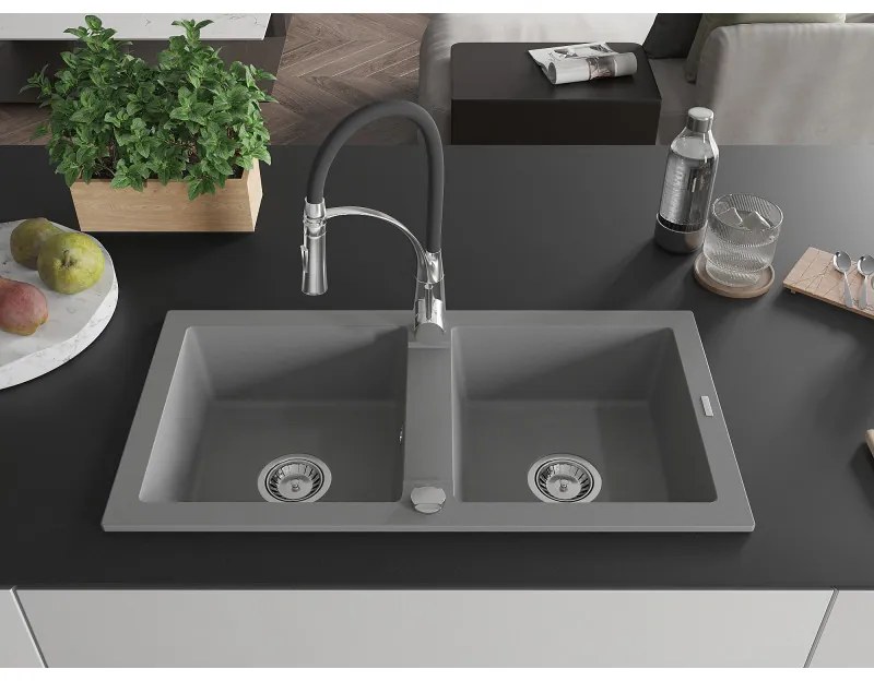 Mexen Mario, granitový drez 820x436x161 mm, 2-komorový a drezová batéria Aster, šedá, 6504-71-73450-07