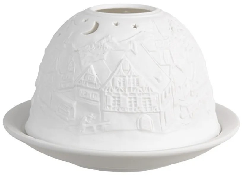 Biely porcelánový svietnik na čajovú sviečku s vianočnou dedinkou Paollo - Ø 12 * 8 cm