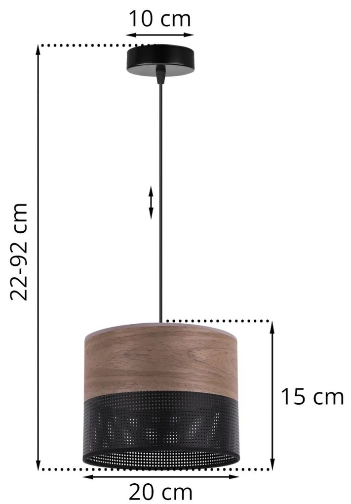 Závesné svietidlo Wood, 1x hnedá orechová dýha/čierne PVC tienidlo, (fi 20cm)