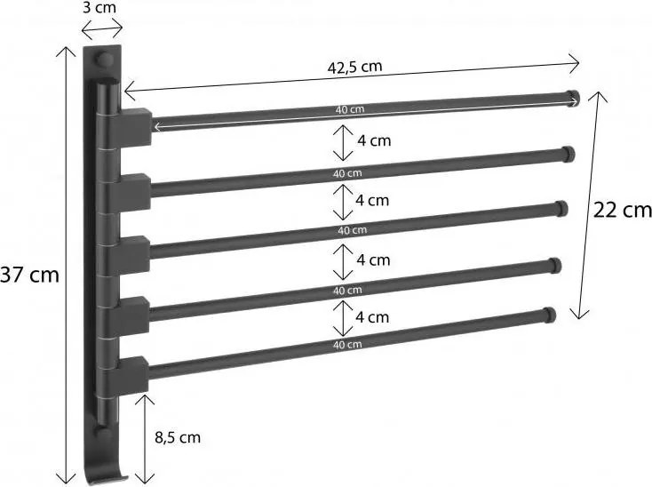 Nástenný vešiak na uteráky AMY - 5 ramenný - čierny matný