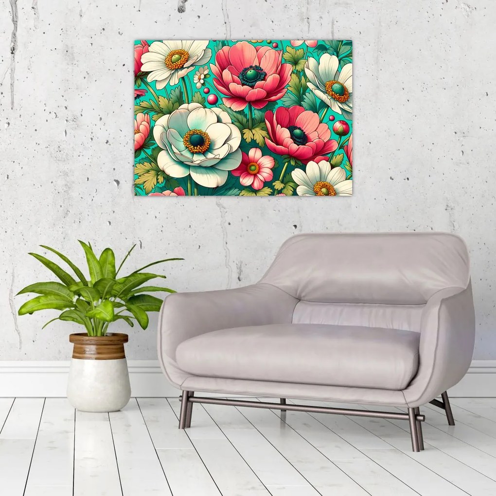 Obraz - Kvety na modrom pozadí (70x50 cm)