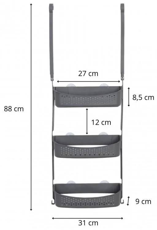 Erga Wiki, závesný organizér do kúpeľne z PVC, 3 police, šedá, ERG-YKA-CH.WIKI-3-GRY