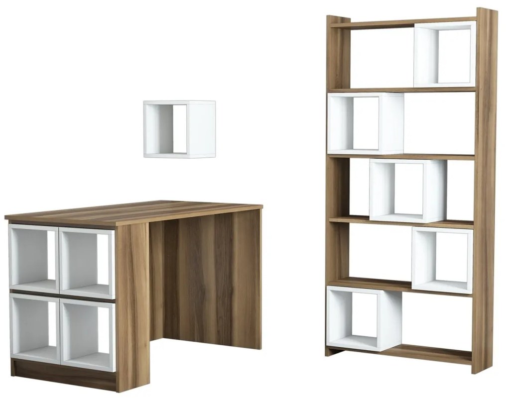 Písací stôl s knižnicou a policou Boxe orech/biela