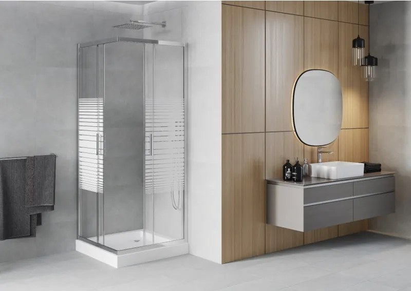 Mexen Rio štvorcová sprchová kabína 70 x 70 cm, biele pásy, chróm + sprchová vanička, biela - 860-070-070-01-20-4510