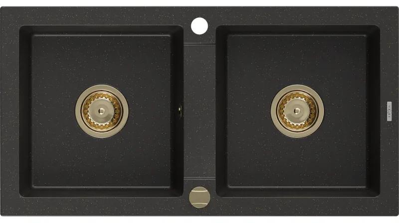 Mexen Mario granitový dvojkomorový drez 820 x 436 mm, Čierna/Zlatá metalíza, Sifón Zlatá - 6504822000-75-G