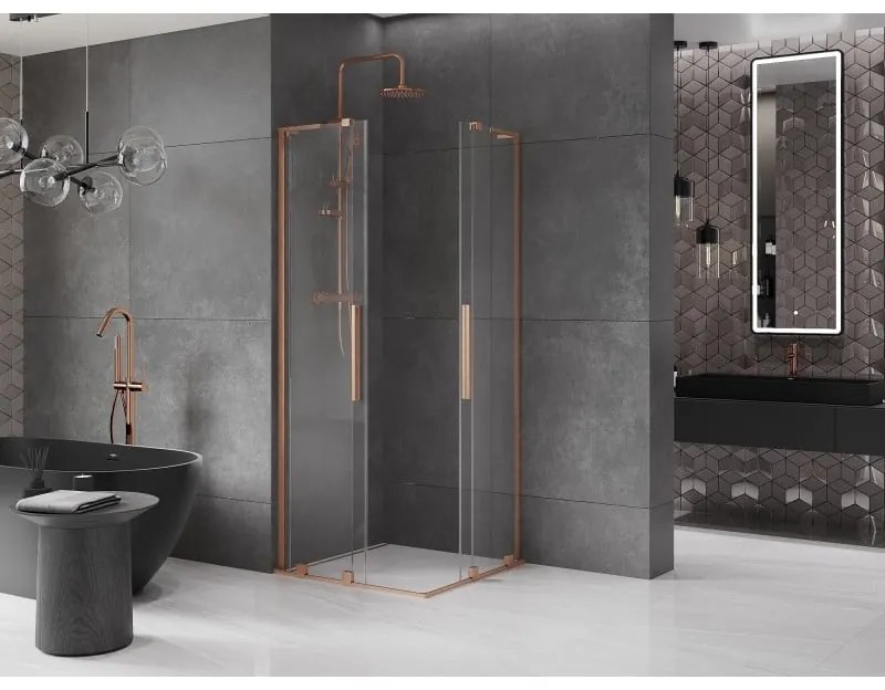 Mexen Velar L Duo, sprchový kút s posuvnými dverami 100 x 100 cm, 8mm číre sklo, medená matná, 871-100-100-02-03-65