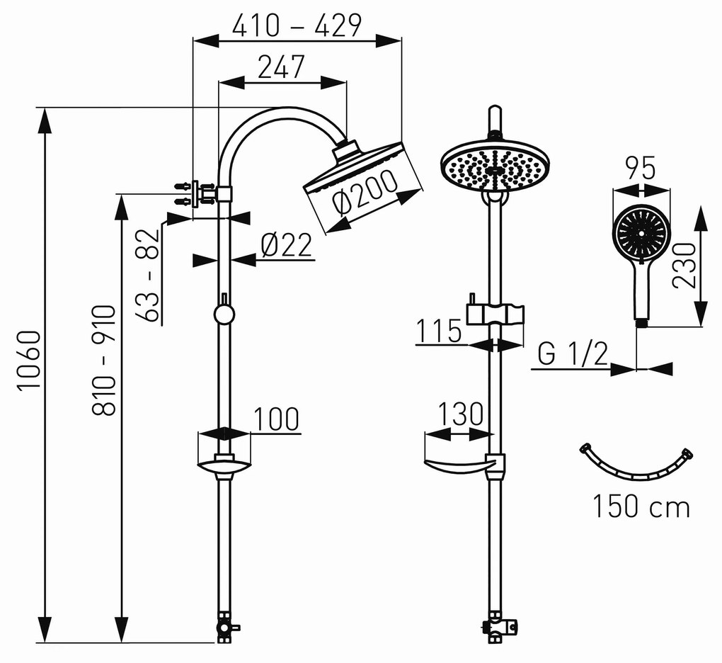 Novaservis Sprchové súpravy - Sprchová súprava, horná a ručná sprcha s držiakom a hadicou, výška 1060 mm, chróm, SET040,0