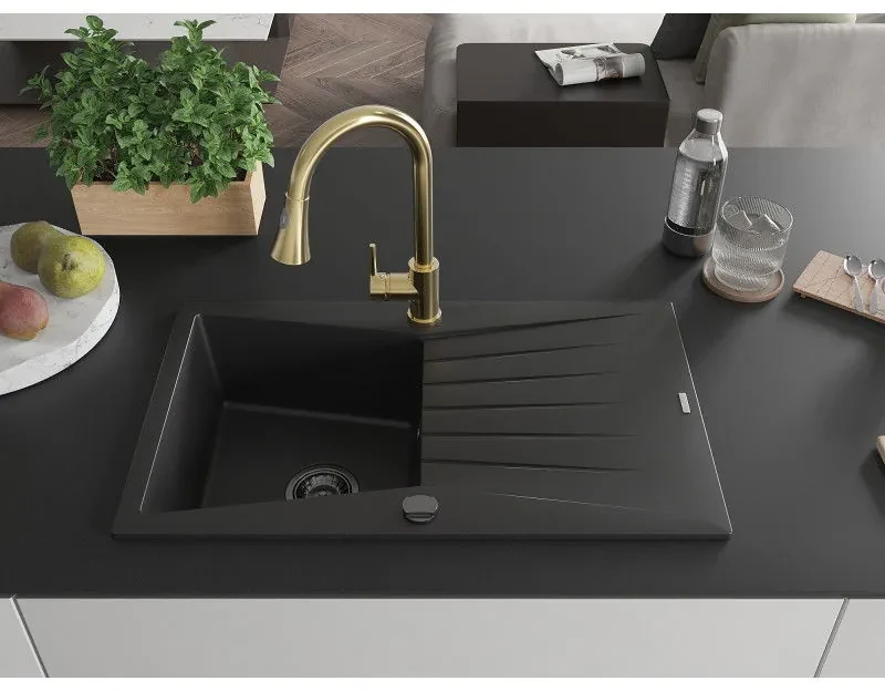 Mexen Cesar, 1-komorový granitový drez 775x470x190 mm a drezová batéria Elia, čierna, 6514-77-670101-50-B