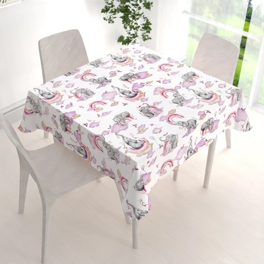 Biante Detský bavlnený štvorcový obrus Sandra SA-464 Slony s fialovou dúhou na bielom 120x120 cm