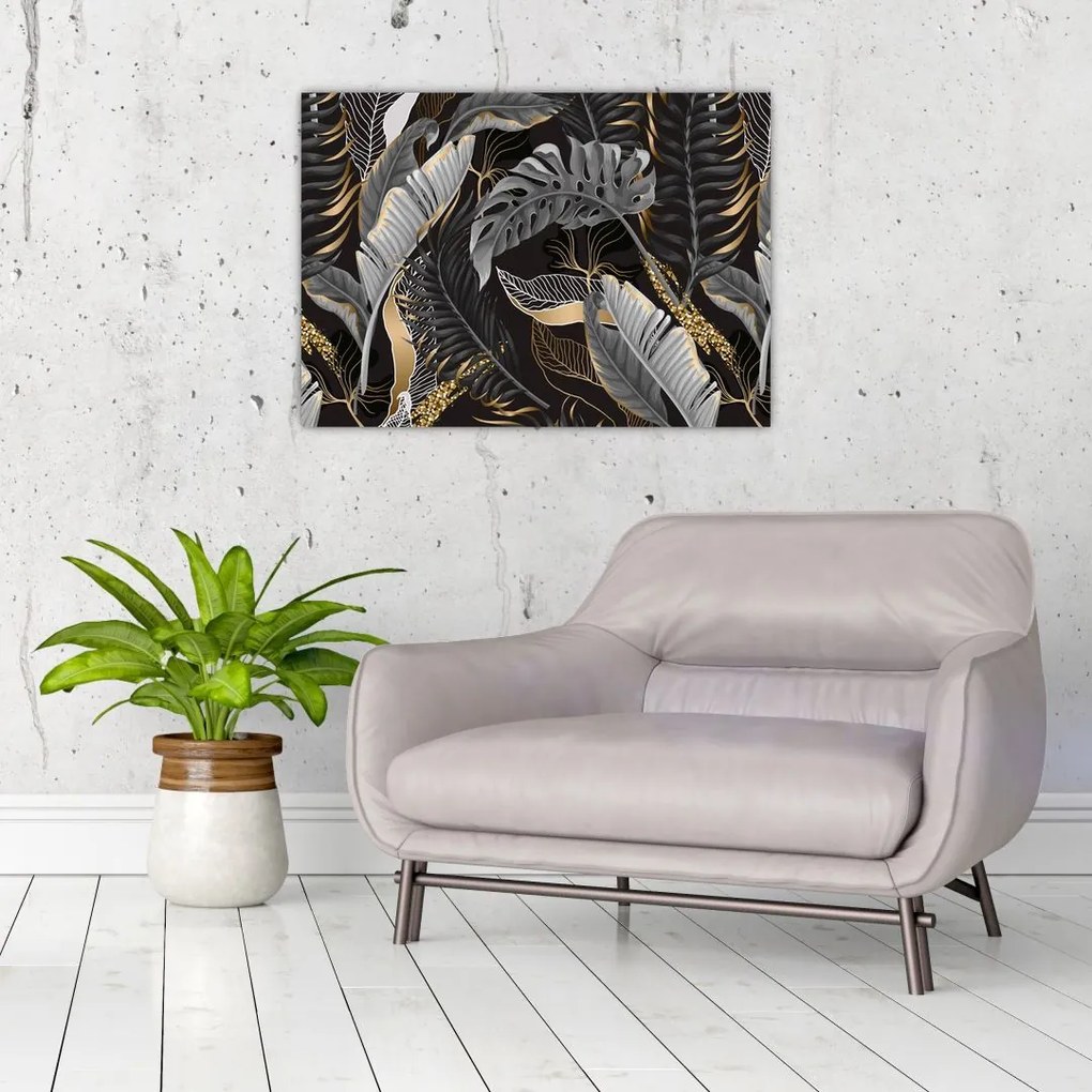 Sklenený obraz - Tropické listy v čierno-zlatej (70x50 cm)