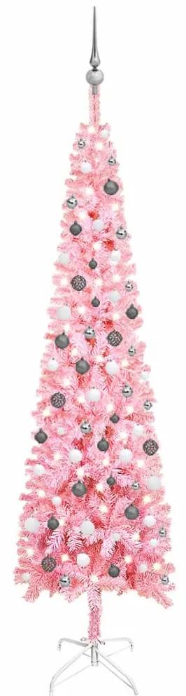 Úzky vianočný stromček s LED a sadou gulí ružový 240 cm 3078110