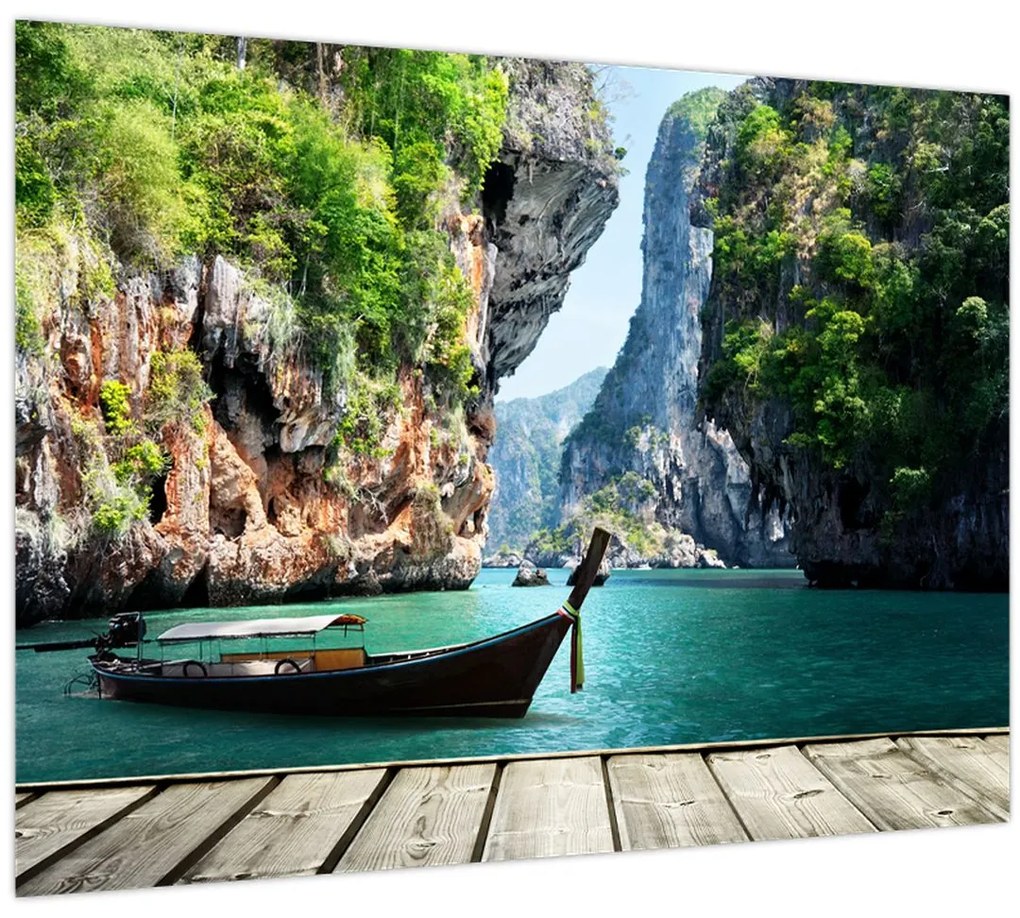 Obraz - Vodná stredomorská krajina s loďou (70x50 cm)