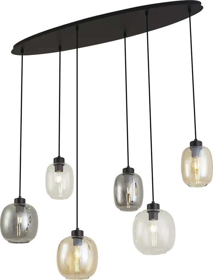 Závesná lampa čierna s jantárovým, dymovým a čírym sklom 6-svetiel - Elena