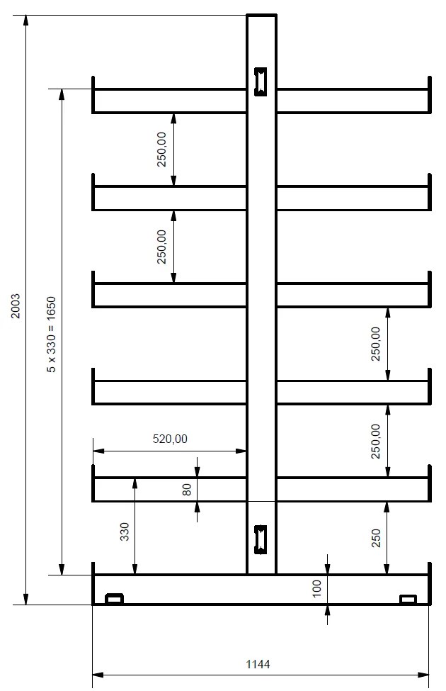 Konzolový regál, obojstranný, 2000 x 1380 x 1144 mm, 6 poschodí