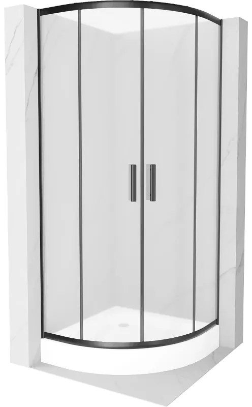 Mexen Rio, štvrťkruhový sprchovací kút s posuvnými dverami 90(dvere) x 90(dvere) x 190 cm, 6mm sklo námraza, čierny profil + biela sprchová vanička RIO, 863-090-090-70-30-4710