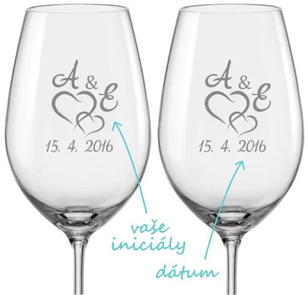 Svadobné poháre na víno Spojená srdce s monogramom, 2 ks
