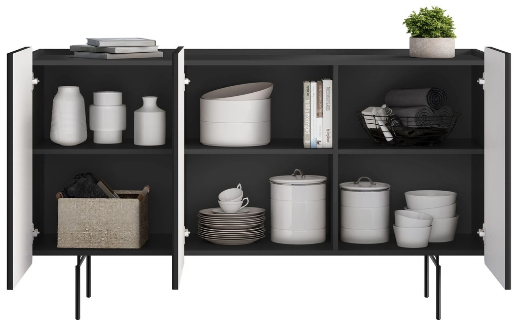 Komoda Malmi 150 cm trojdverová - čierny mat / čierne nohy