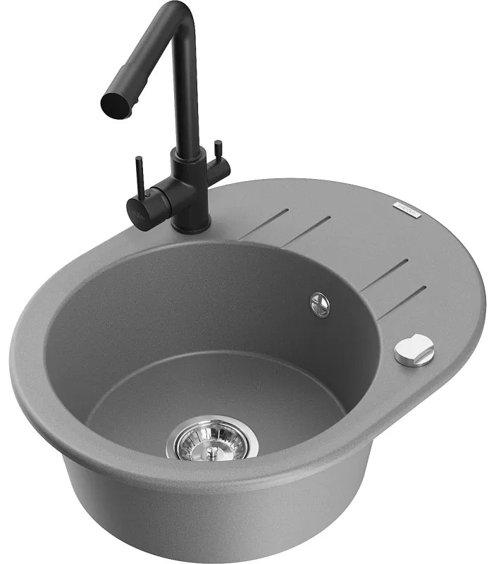 Mexen Kevin, drez granitový 586x458x190 mm, 1-komorový a čierna Duero batéria, šedá, 6517-71-671600-70