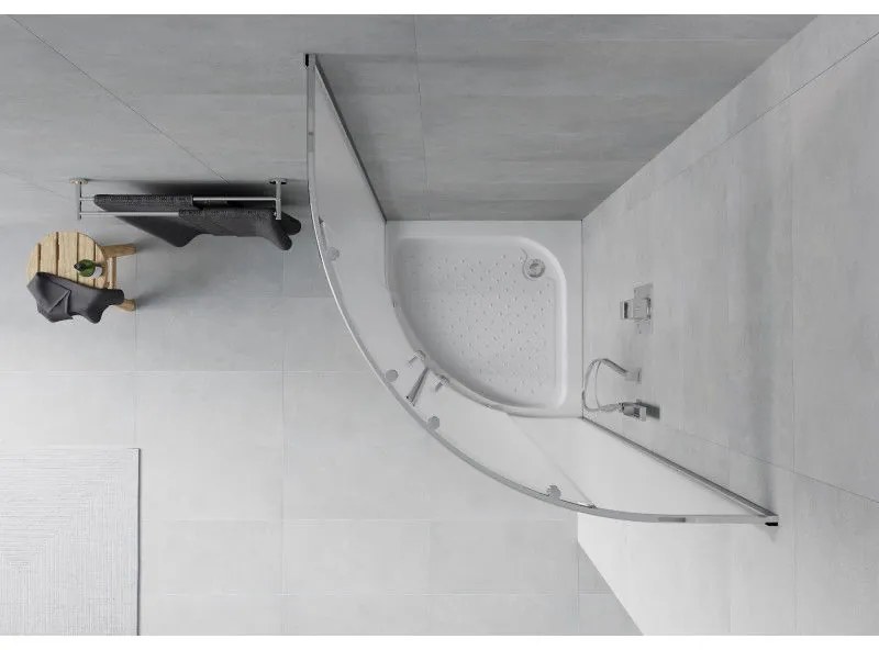 Mexen Rio, štvrťkruhový sprchovací kút s posuvnými dverami 90 x 90 cm, 6mm sklo námraza, chrómový profil + biela vysoká sprchová vanička Rio, 863-090-090-01-30-4710